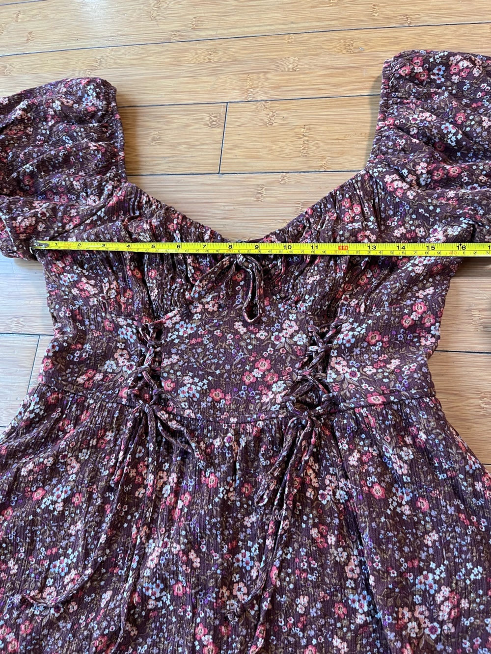 Francesca's Collections Floral Boho Burgundy Romper with Corset Style Ties - Picture 7 of 13